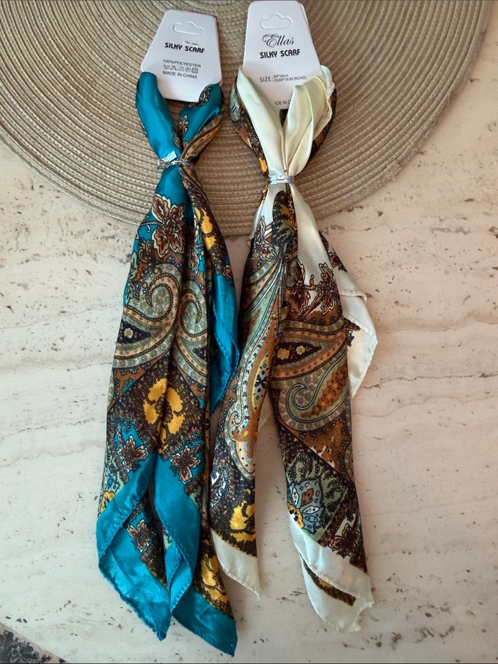 Ella Silky Neck Scarf Set in Pale Yellow & Teal
